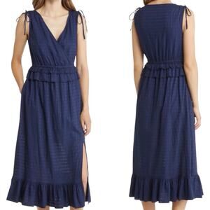 Caslon Navy Sleeveless Midi Dress XXS Ruffle Hem Tie Shoulder Summer Sundress